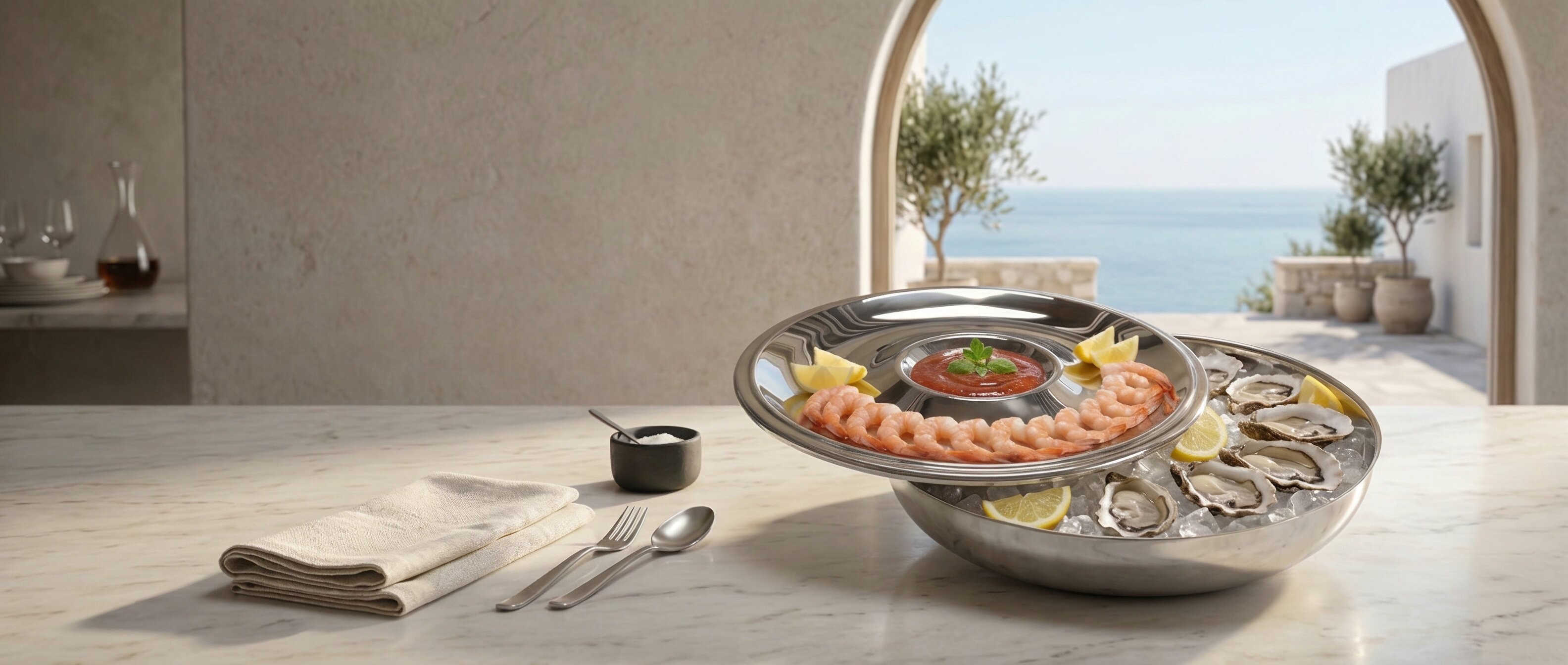 The AAF-01 Classic set with shrimp and oysters on ice, on a marble table above the sea
