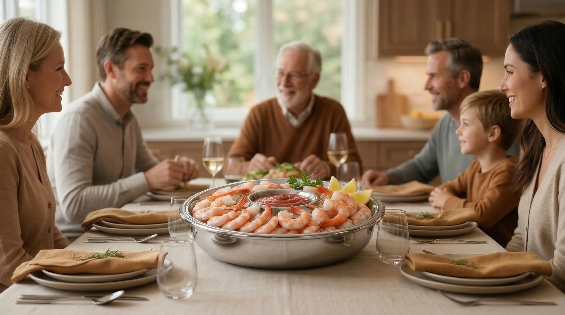 A family sharing a shrimp platter served on the AAF-01 Classic